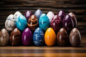 ai generado pequeño, vistoso y sabroso chocolate huevos en un madera mesa foto