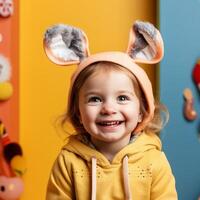 ai generado niñito en amarillo antecedentes con conejito orejas en caras niño foto