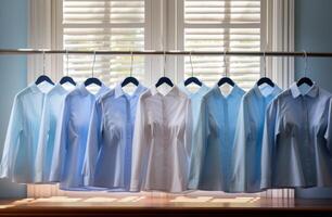 ai generado blanco planchado sábana con azul camisas y blanco blusas foto