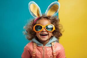 AI generated toddler on yellow background with bunny ears on faces kidstock photo