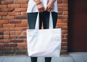 AI generated woman holding a tote bag against brick wall photo