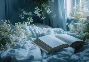 ai generado un cama con azul hojas, blanco almohadas y un libro foto