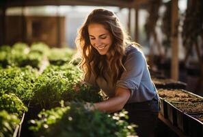 ai generado joven mujer a granja cosecha fuera algunos plantas foto