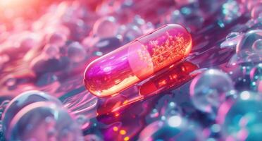 AI generated a capsule of medicine is moving across a background with bubble sprite photo