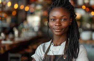 AI generated a black female chef posing in a restaurant photo