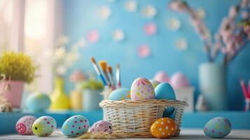 ai generado un encantador Pascua de Resurrección huevo decorando estación, adornado con vistoso pinturas, delicado cepillos foto