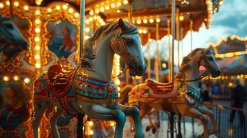 ai generado un encantador carnaval carrusel escena, con brillantemente pintado caballos, nostálgico música foto