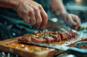 AI generated a chef is slicing raw meat on a board photo