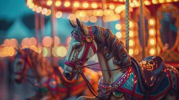 ai generado un encantador carnaval carrusel escena, con brillantemente pintado caballos, nostálgico música foto