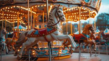 AI generated A charming carnival carousel scene, with brightly painted horses, nostalgic music photo