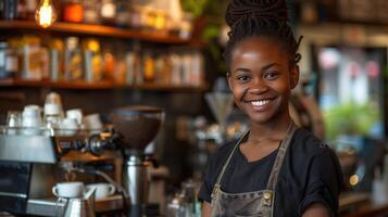 AI generated A cheerful barista, serving coffee with a smile, exudes warmth and hospitality in the cafe environment photo