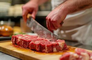 AI generated a chef is slicing raw meat on a board photo