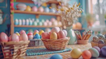 AI generated A charming Easter egg decorating station, adorned with colorful paints, delicate brushes photo