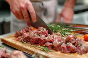 AI generated a chef is slicing raw meat on a board photo