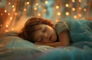 AI generated a child sleeping in a bed at night photo