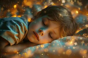 AI generated a child sleeps in a bed with stars, photo
