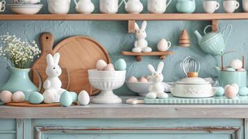 AI generated A cozy Easter baking scene, with a rustic kitchen backdrop, pastel-hued baking supplies photo