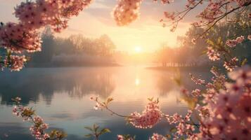 AI generated A dreamy Easter sunrise vista, casting a warm glow over a tranquil lake photo