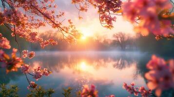 AI generated A dreamy Easter sunrise vista, casting a warm glow over a tranquil lake photo