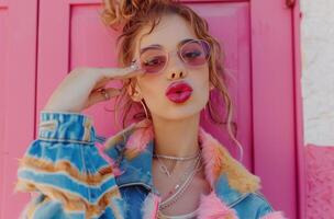 AI generated a girl in hip hop jacket and jeans, making lips with lipstick on pink wall photo