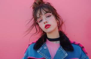 AI generated a girl in hip hop jacket and jeans, making lips with lipstick on pink wall photo