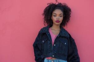 ai generado un niña en cadera salto chaqueta y vaqueros, haciendo labios con lápiz labial en rosado pared foto