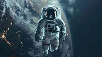 ai generado un jubiloso astronauta, flotante en espacio, mira espalda a tierra con un amplio sonrisa foto