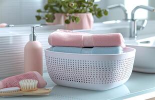 AI generated a laundry basket in bathroom with a towel and other small items photo