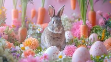 ai generado un mágico Pascua de Resurrección conejito taller fondo, con caprichoso Zanahoria parches foto