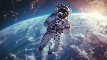 AI generated A jubilant astronaut, floating in space, looks back at Earth with a wide smile photo