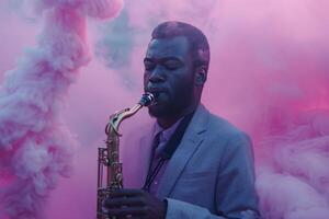 AI generated a man plays the saxophone on a background of smoke photo