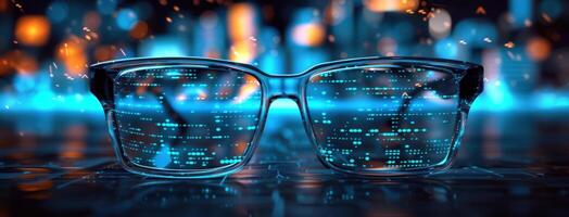 AI generated a pair of glasses sitting on a dark table photo