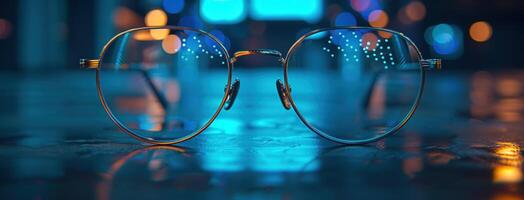 AI generated a pair of glasses sitting on a dark table photo