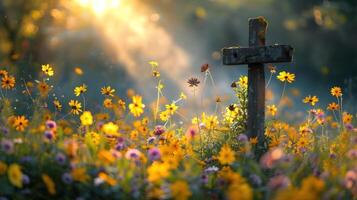 ai generado un pintoresco Pascua de Resurrección amanecer Servicio configuración, con un rústico de madera cruz, floreciente flores silvestres foto