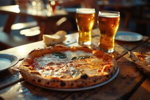 ai generado un Pizza y lentes de cerveza en un mesa foto