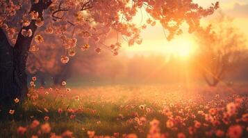 AI generated A serene Easter morning landscape, bathed in soft sunlight, adorned with blooming cherry blossoms photo