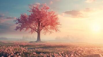 AI generated A serene Easter morning landscape, bathed in soft sunlight, adorned with blooming cherry blossoms photo