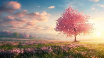 AI generated A serene Easter morning landscape, bathed in soft sunlight, adorned with blooming cherry blossoms photo