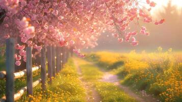 AI generated A serene Easter morning landscape, bathed in soft sunlight, adorned with blooming cherry blossoms photo