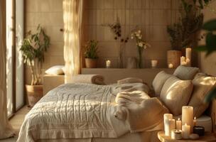 AI generated a spa bed set up with candles photo