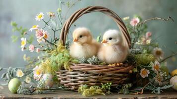 AI generated A whimsical Easter basket display, filled with pastel eggs, fluffy chicks photo