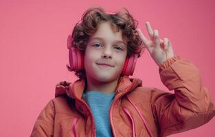 AI generated a young boy is wearing headphones and is making a sign photo