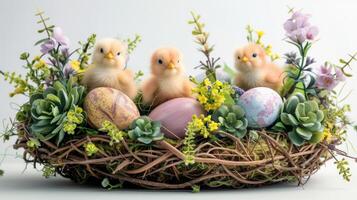 AI generated A whimsical Easter basket display, filled with pastel eggs, fluffy chicks photo