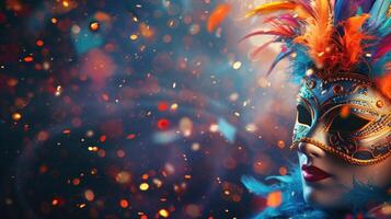 AI generated A vibrant carnival scene with swirling confetti, dazzling lights, and whimsical masks photo