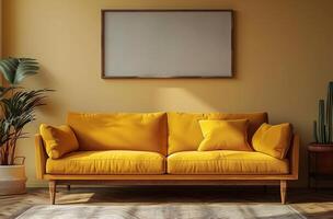 AI generated an elongated sofa with a yellow wall art photo