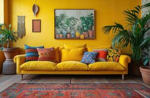 AI generated an elongated sofa with a yellow wall art photo