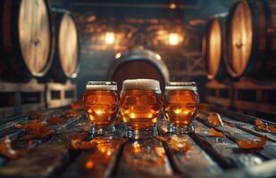 AI generated beer, a barrel and four glasses in front of the barrel photo