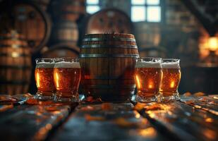 AI generated beer, a barrel and four glasses in front of the barrel photo