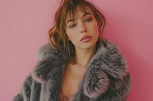 AI generated attractive woman posing wearing fur jacket and top, over a pink background photo