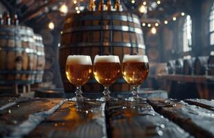 AI generated beer, a barrel and four glasses in front of the barrel photo